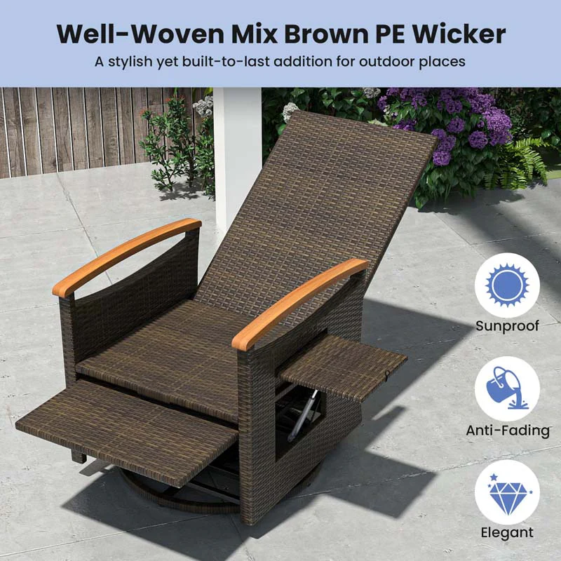 Outdoor Rattan 360° Swivel Recliner Chair, Patio Wicker Chaise Lounge Chair with Adjustable Backrest & Footrest, Flip Side Table & Cushions