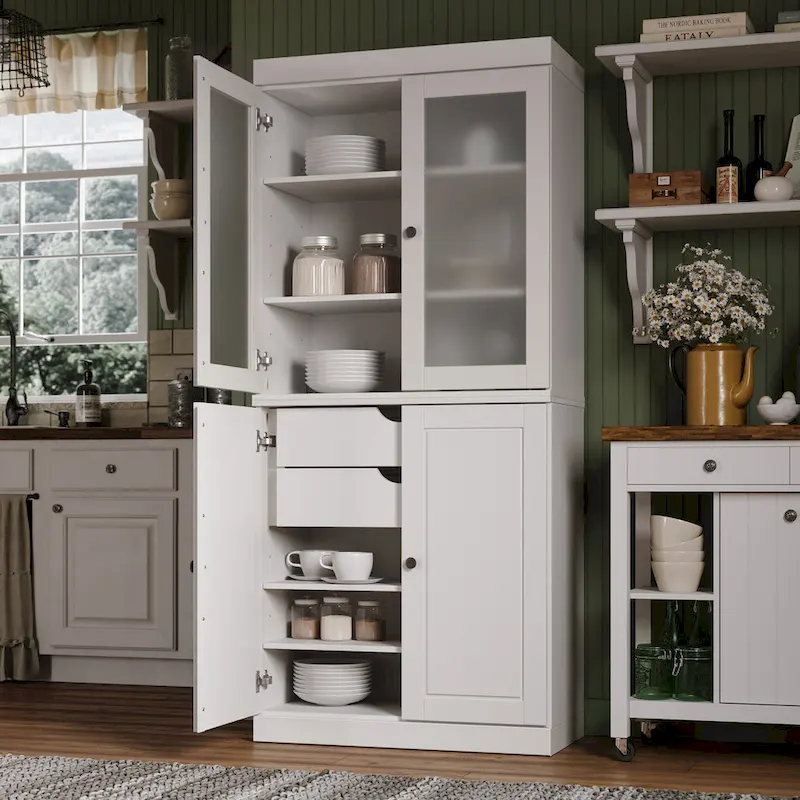 100% Solid Wood Pantry Cabinet with Frosted Glass Doors, Solid Doors, 2-Drawers and Adjustable Shelves