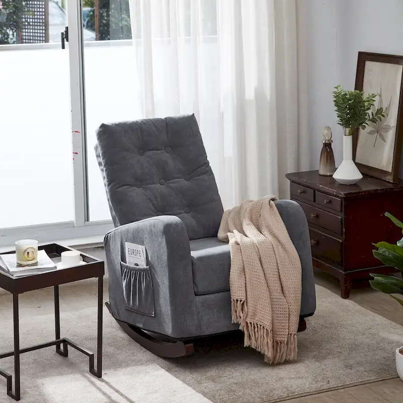 Modern 28.74 High Back Upholstered Buttons Tufted Rocking Chair with Solid Wood Legs and Side Pocket