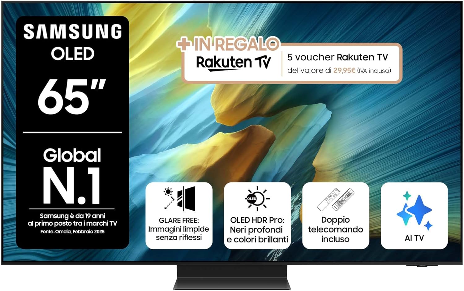 Samsung OLED 4K Vision AI Smart TV 65'' QE65S95FAEXZT, NQ4 AI Gen4 Processor, 4K AI Upscaling, Glare Free, Dolby Atmos & OTS+, Infinity One Design, PACCHETTO INTRATTENIMENTO, 2025
