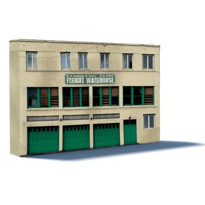 Background Industrial Building (cream, 3 level, 3 green roller doors)