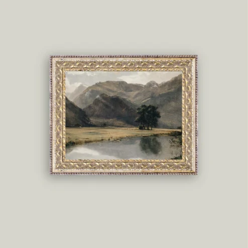 River Mountainscape Framed Antique Inspired Art