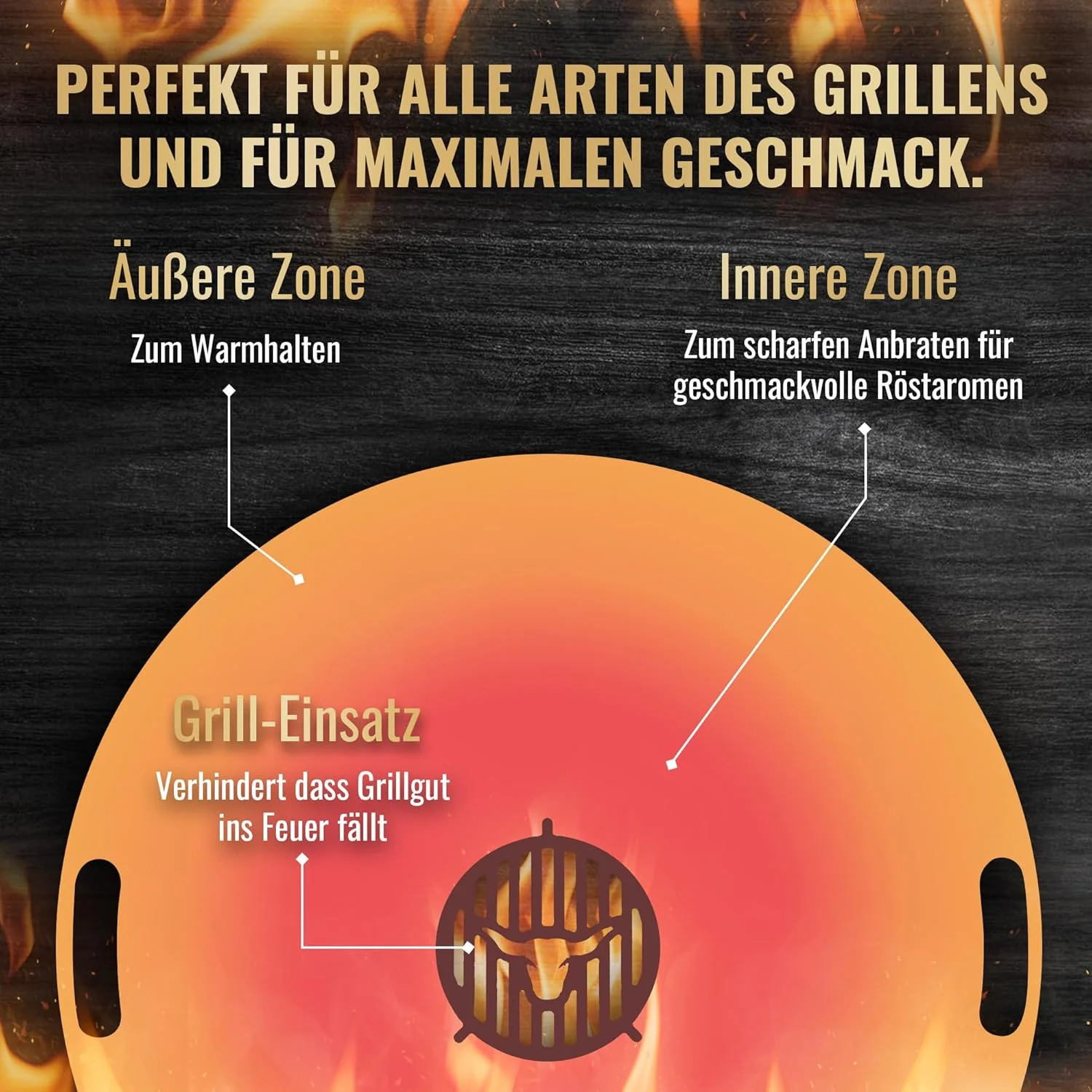 Feuerplatte für Kugelgrill Handgriffe 90 cm, 5 mm Stärke #921 – INKL. Grilleinsatz, Grillplatte für Feuertonne & Feuerschale, Massive Stahlplatte Plancha Grillring für BBQ & Teppanyaki