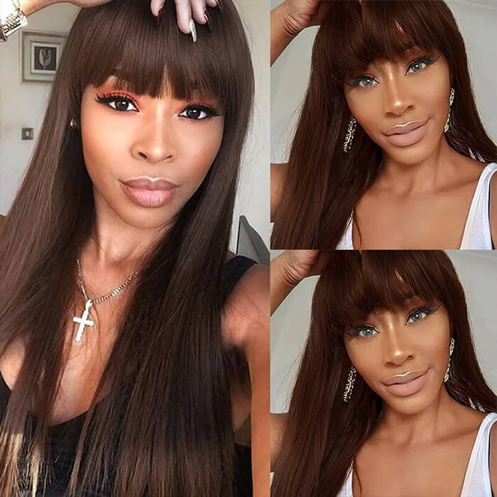 Chocolate Brown Wig With Bangs Straight Glueless Top 2x4 Lace Wig With Bangs