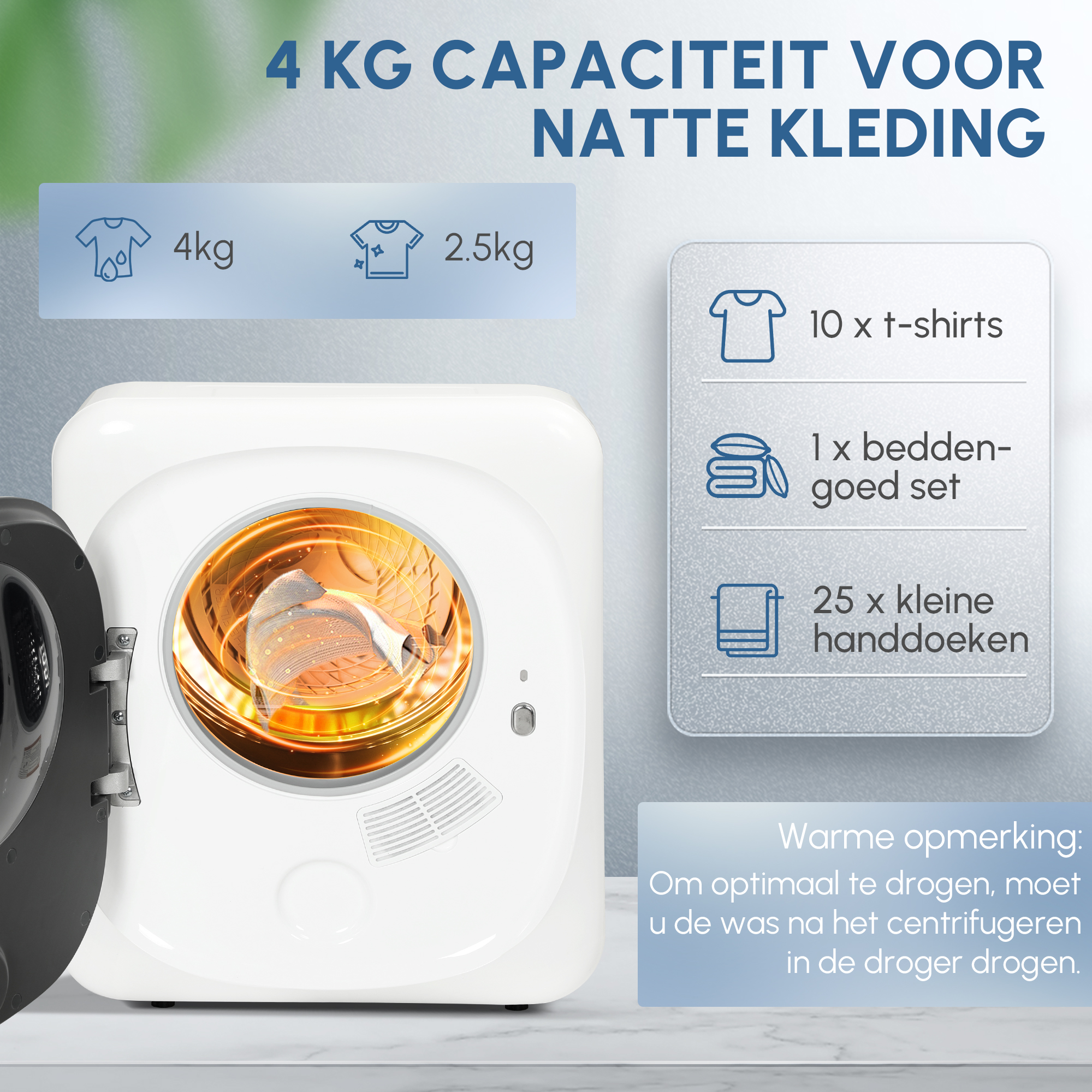 HOMCOM Wasdroger met UV-Desinfectie, Compact Ontwerp, 4 kg Capaciteit, Roestvrijstaal, Wit