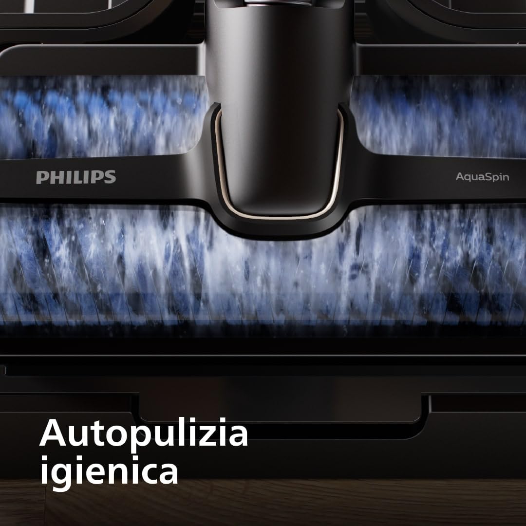Philips AquaTrio 9000 Aspirapolvere Lavapavimenti Senza Fili, Aspirabriciole, per Polvere, Macchie, Liquidi e Animali domestici, Spazzole AquaSpin ad Alta Velocità, Sistema di Autopulizia (XW9463/11)