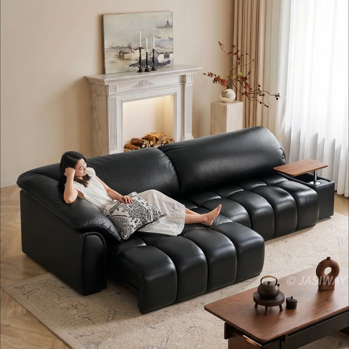 Sofá seccional de estilo moderno de piel de grano superior con almacenamiento reclinable, vista adicional 2