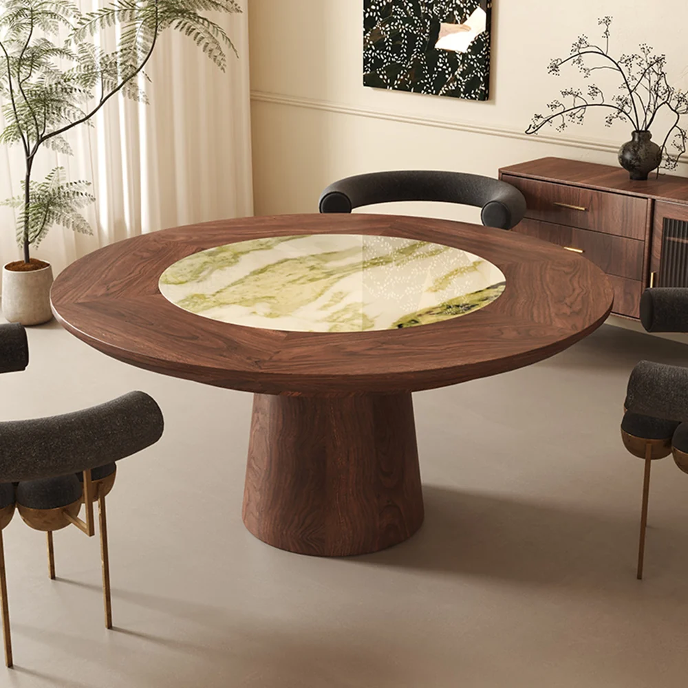 Mesa de comedor de estilo moderno de nogal en color negro de forma redonda, vista adicional 2