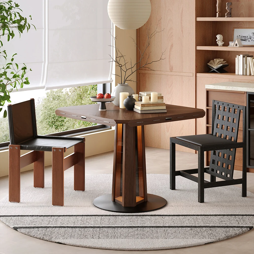 Mesa de comedor de estilo nórdico de madera maciza de forma redonda extensible con luz LED, vista adicional 2