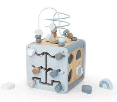 ''Label Label'' houten activiteitenkubus Blauw (met naam)