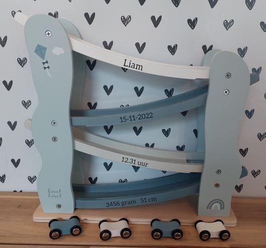 ''Label Label'' houten autoglijbaan blauw met naam