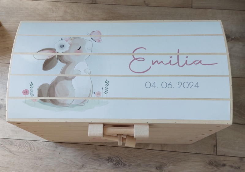 Houten speelgoedkist met Geboortekaartje