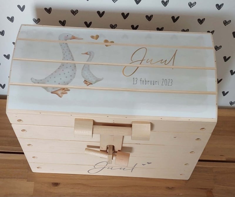 Houten speelgoedkist met Geboortekaartje