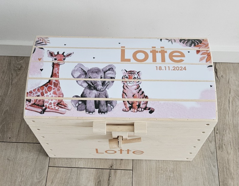 Houten speelgoedkist met Geboortekaartje