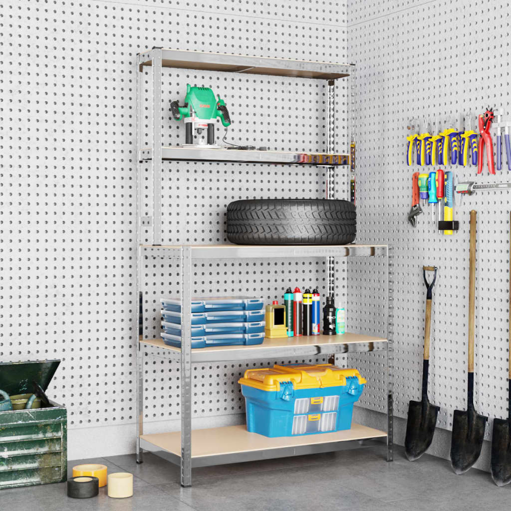 2025 Werktafel met 5 planken zilver staal & houtvezelplaat