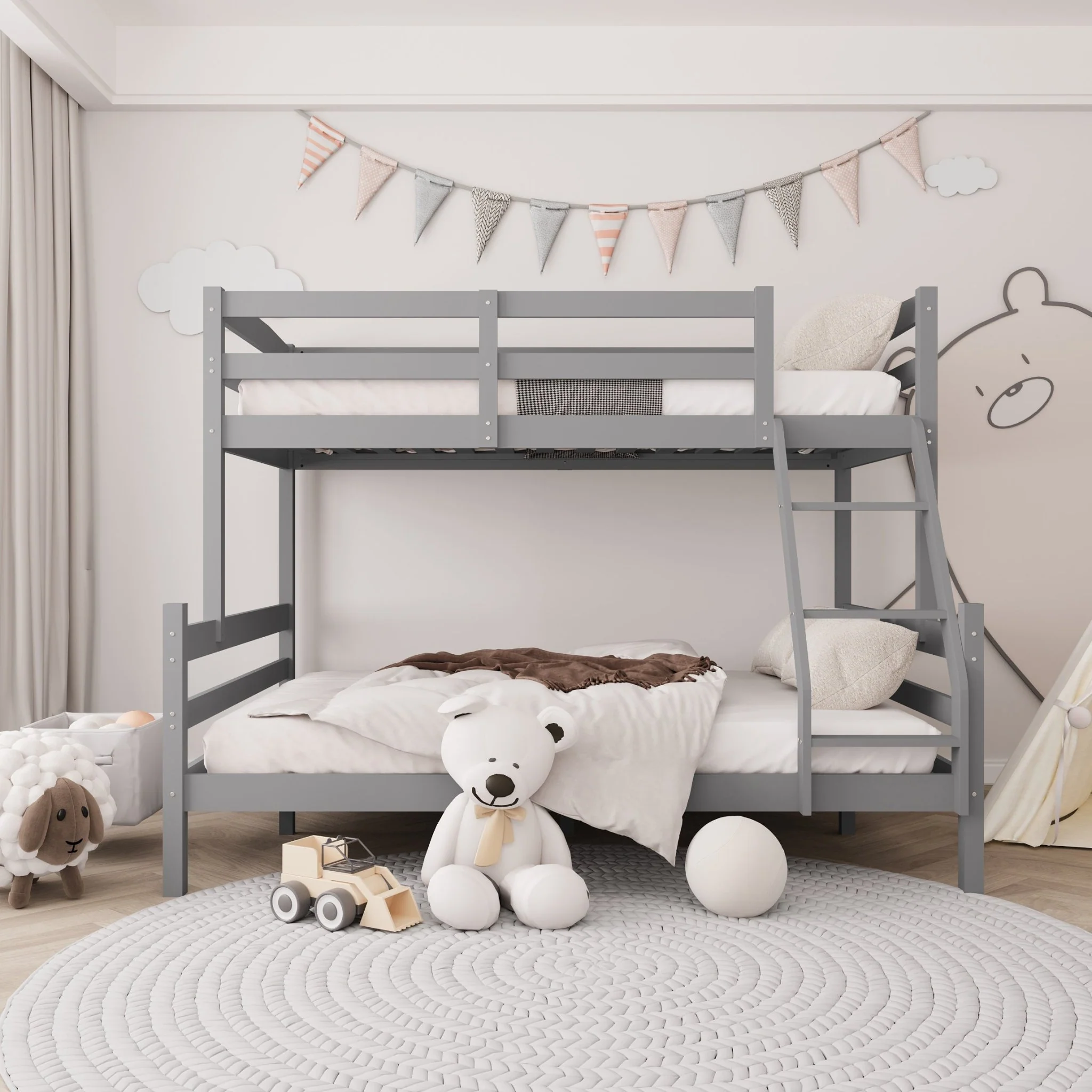 Massief Houten Stapelbed voor Kinderen Twin Over Full �C Grijs en Wit Afwerking | Ruimtebesparend Ontwerp