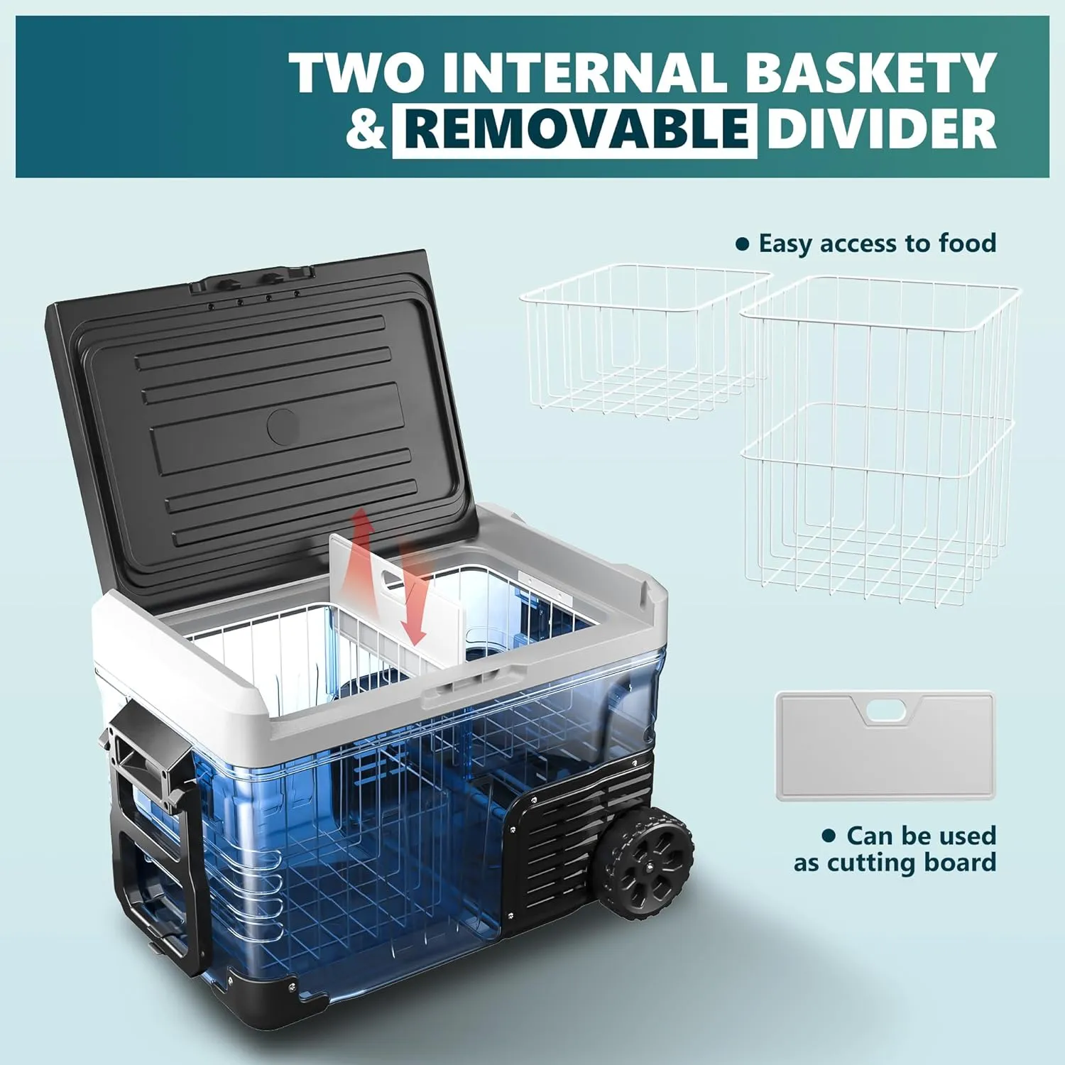 12 Volt Refrigerator, 53QT(50L) Electric Cooler, Portable Freezer 12V/24V DC 110-240V AC, 12V Fridge -4H~68H, 12V Cooler with Wheels & 2 Baskets for Travel, Truck, Boat, Camping
