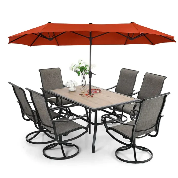 8-delige Patio-eetset met parasol, outdoormeubilair bestaande uit 6 draaibare slingstoelen