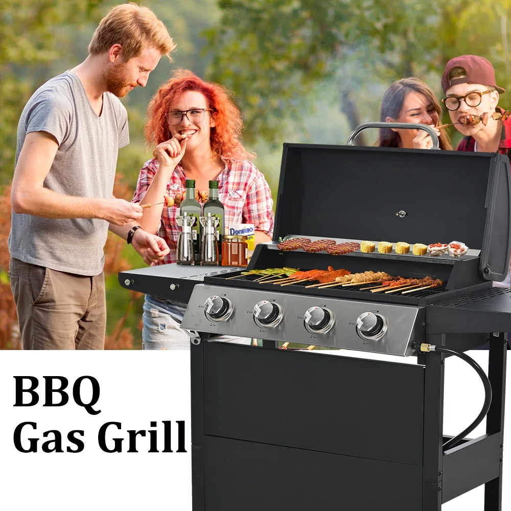 2025 SEGMART gasbarbecue op propane, 4 branders, van roestvrij staal �C 34.200 BTU, tuin-/terrasbarbecue met twee opvouwbare zijtafels en thermometer, ideaal voor kamperen en koken buiten
