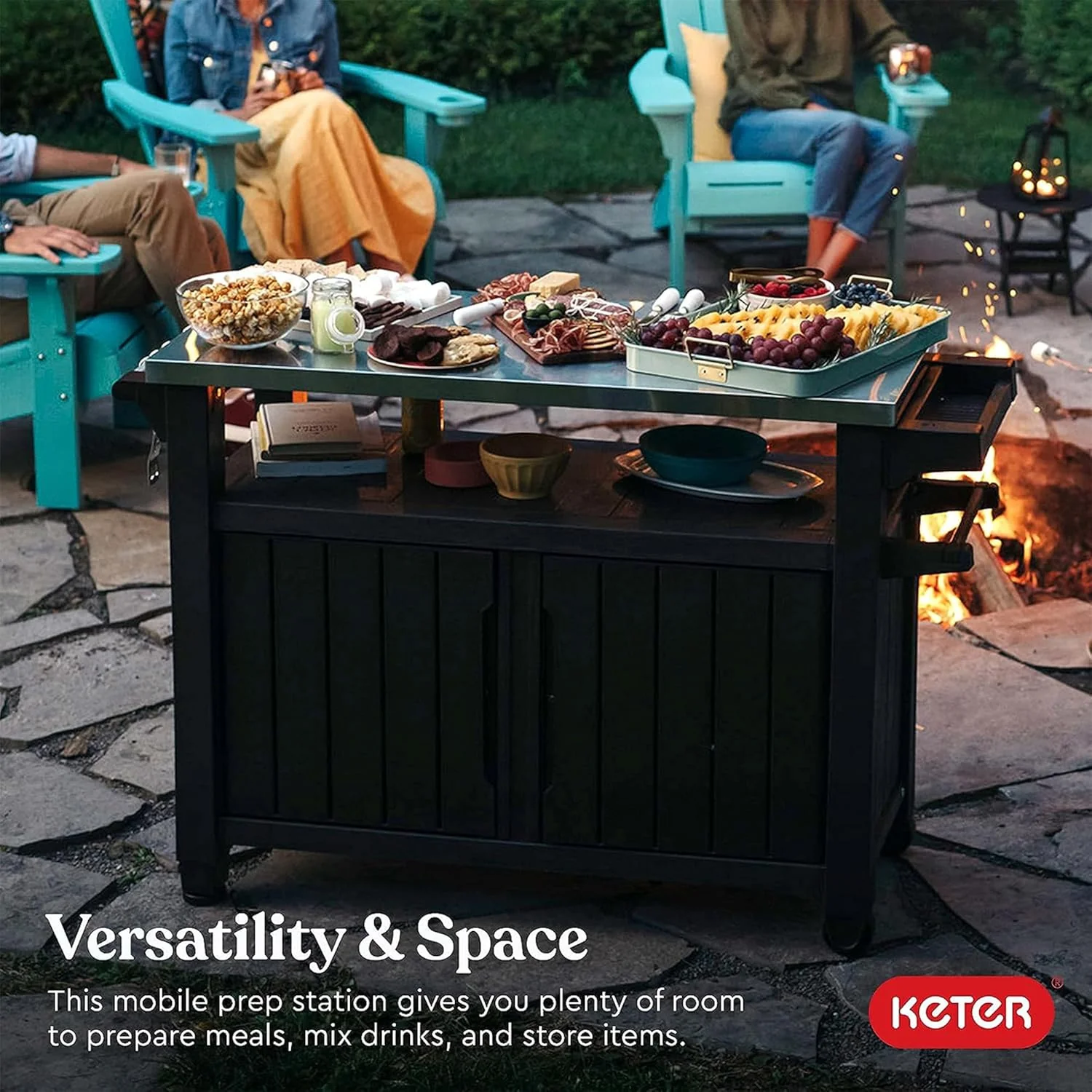 Keter Outdoor Rolling Table Cart voor voedselbereiding, opslag, bar en grill, donkerbruin