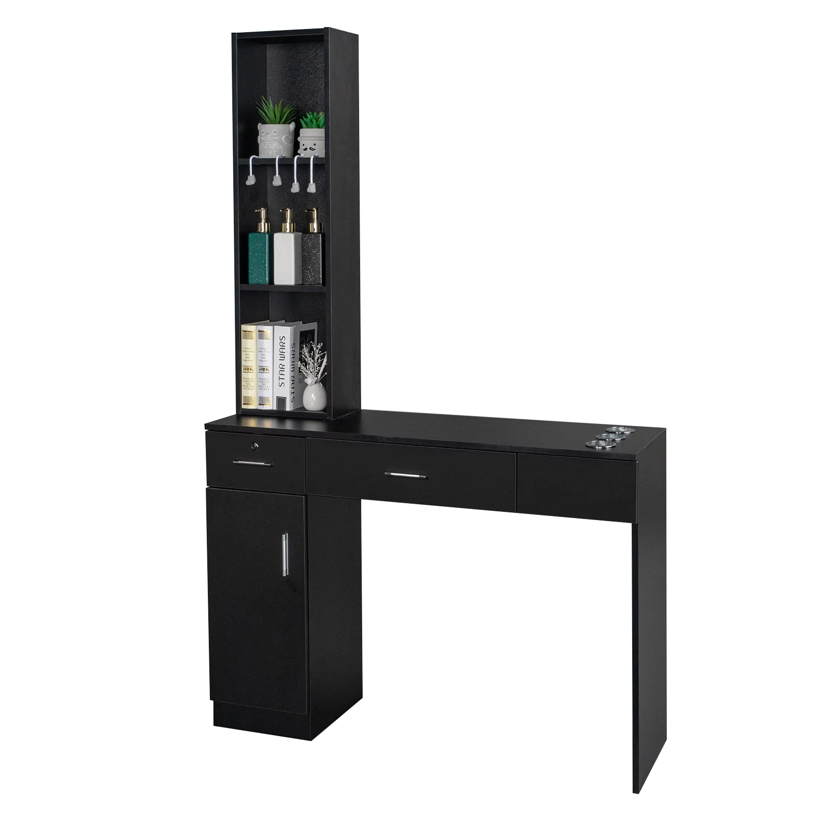 2025 OmySalon Wandkappersstation voor kapsalon en schoonheidsinstituut, met 2 laden, 1 opbergkast, 3 open planken (zwart)