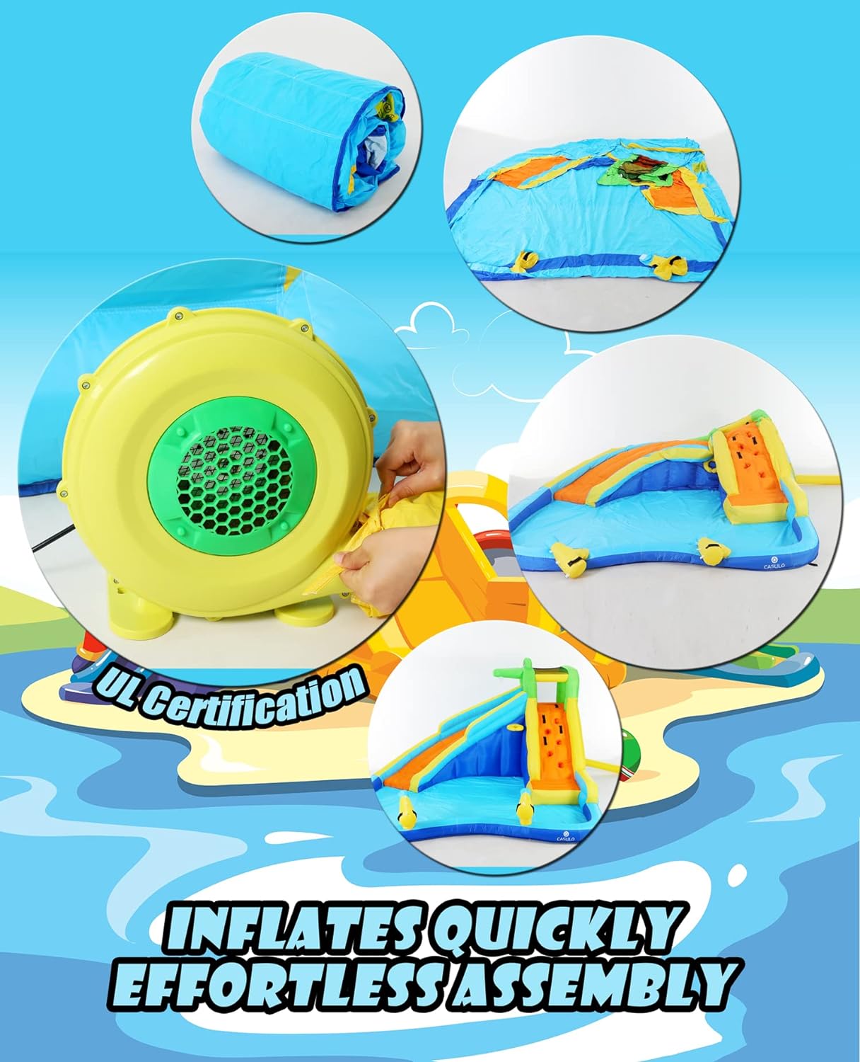 Opblaasbare waterspeeltoestellen voor kinderen 8-in-1: Springkasteel waterpark met 450W blower, klimwand, pierenbadje, 2 waterspuitpistolen, basketbalring, glijbaan, krokodillensproeier �C ideaal als cadeau en voor tuinfeestjes