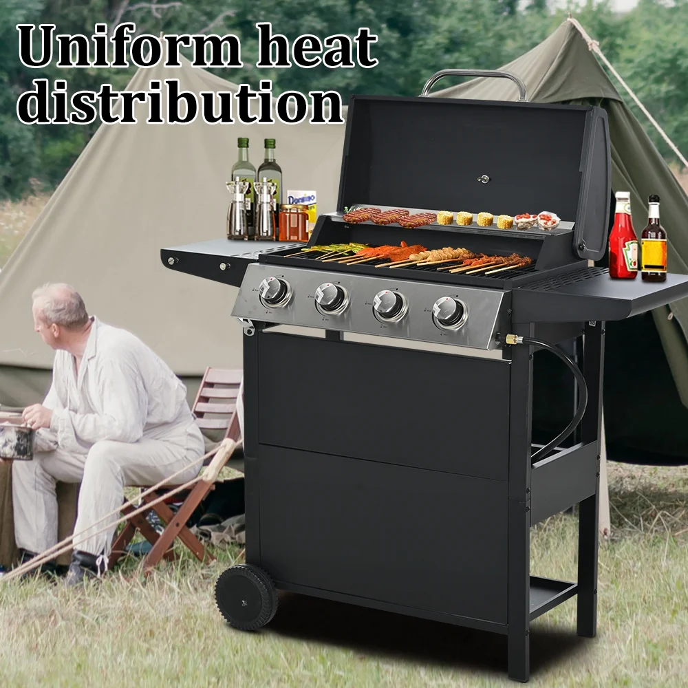 2025 SEGMART gasbarbecue op propane, 4 branders, van roestvrij staal �C 34.200 BTU, tuin-/terrasbarbecue met twee opvouwbare zijtafels en thermometer, ideaal voor kamperen en koken buiten