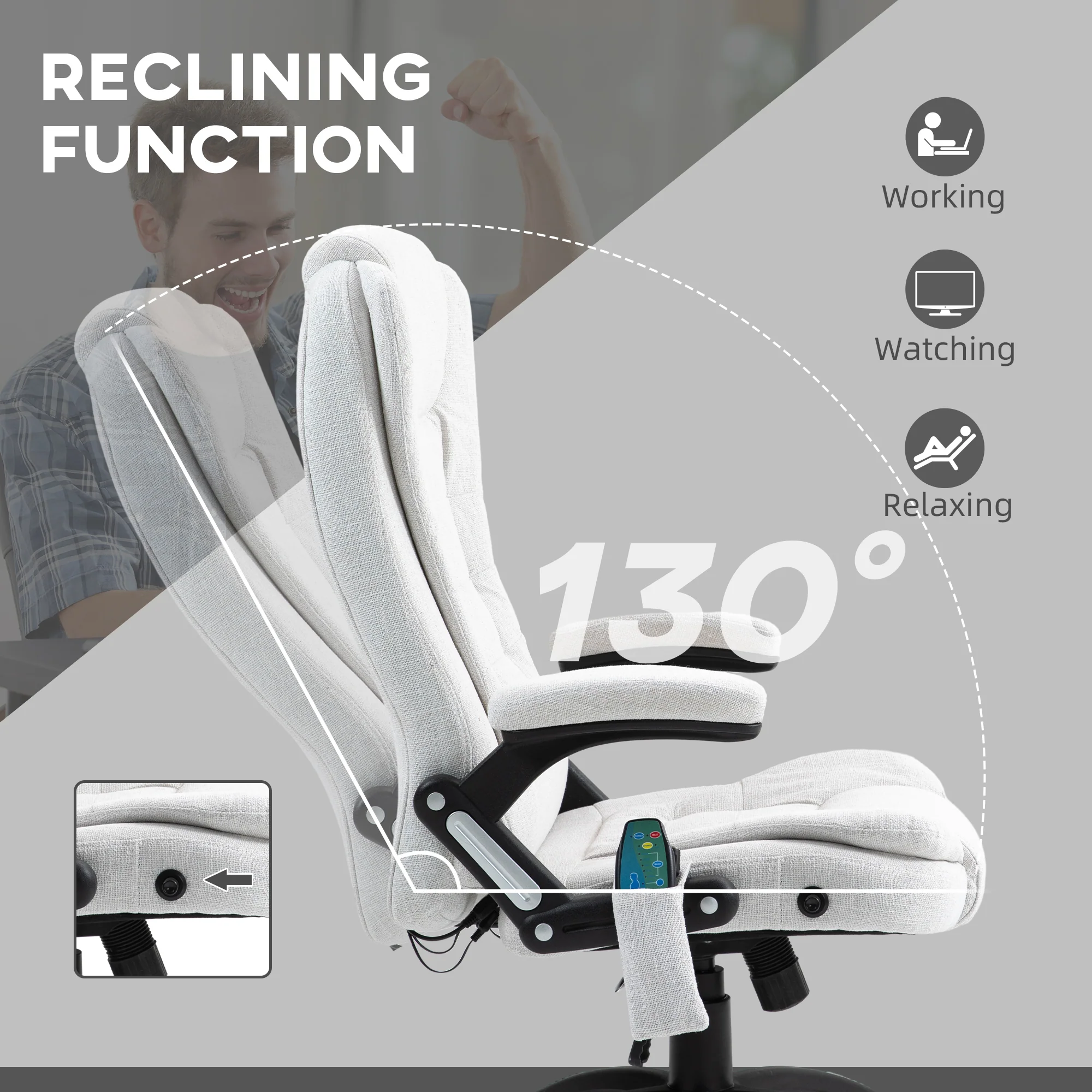 Ergonomische bureaustoel met 6-punts massage en rugverwarming, linnenlook stof, cr��me wit