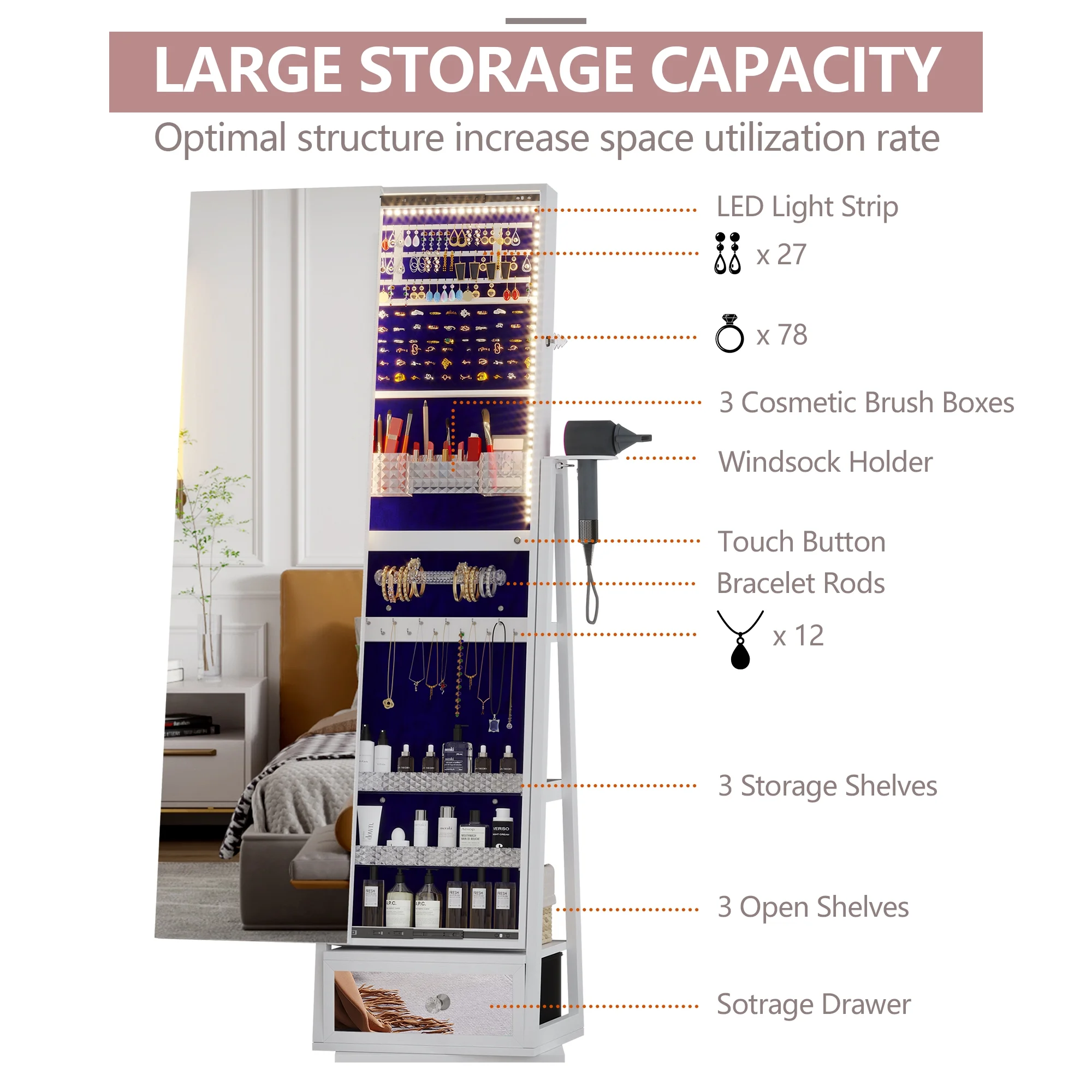 LVSOMT 360�� Draaibare Sieradendoos met Verlichting, Staande Sieradenorganizer met Slot, Spiegel over de Hele Lengte en Sieradenopbergkast, Wit