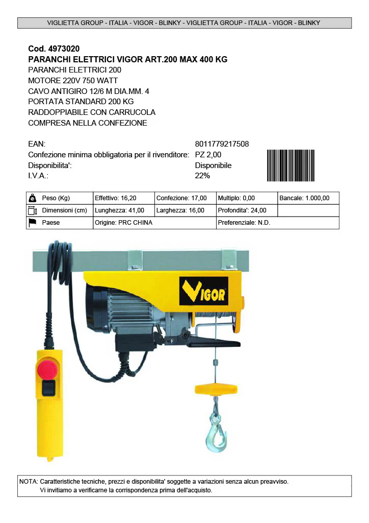 2025 Paranco Elettrico 750W 200 Kg - Vigor