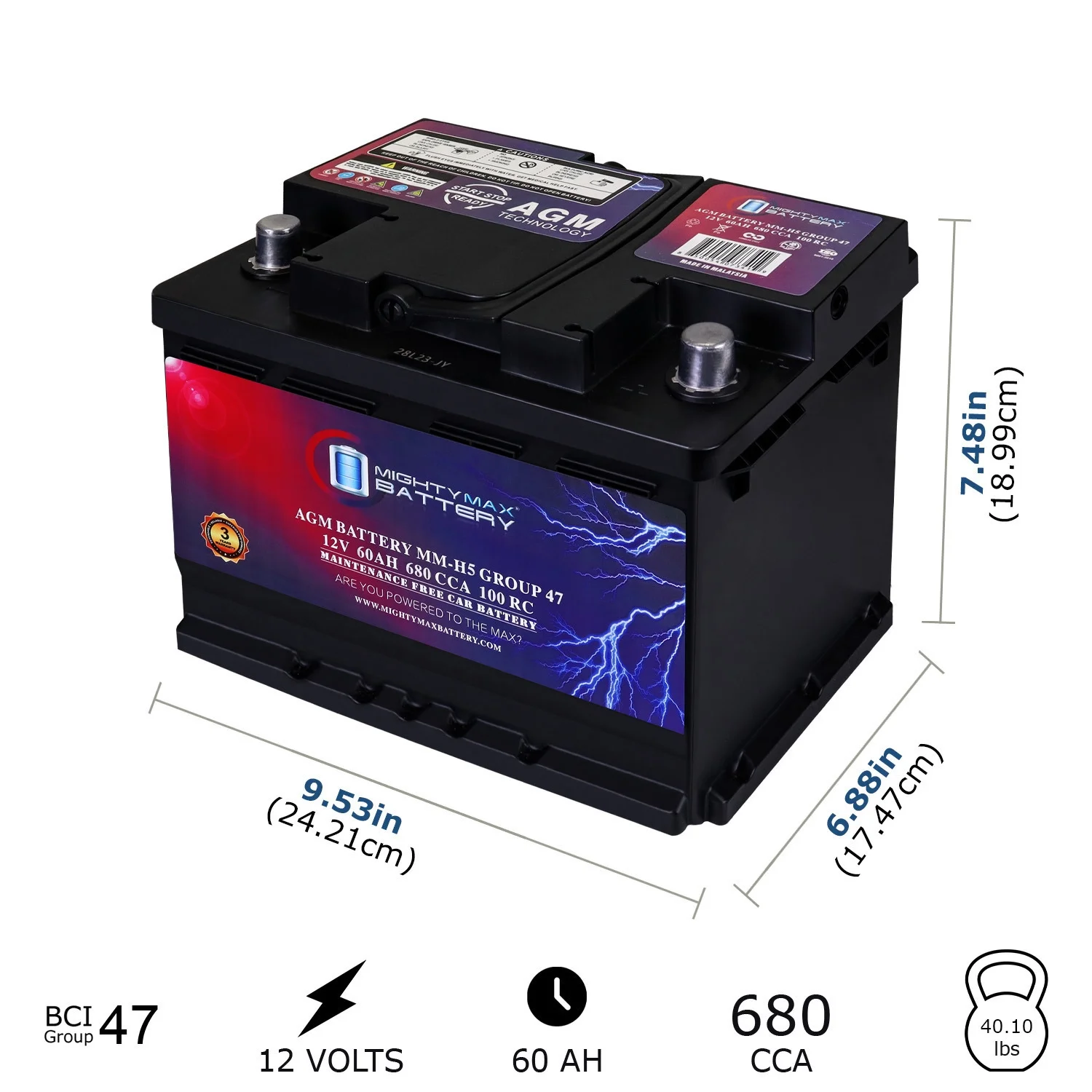 Oplaadbare autobatterij MM-H5 start-stop, BCI maat groep 47, 12 V 60 AH, 100 RC, 680 CCA, AGM-technologie.