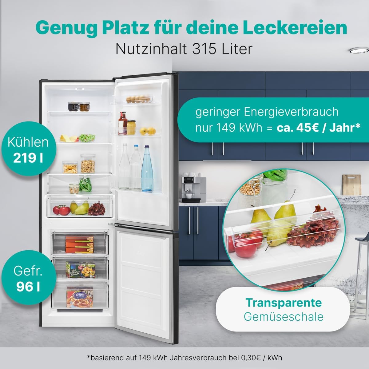 Bomann  Fridge-freezer, 269 l capacity - cooling: 198 L | freezing: 71 l, energy saving, quiet 39 dB, LED, interchangeable door stop, height: 180 x width: 55 x depth: 56 cm - KG 184.1 inox