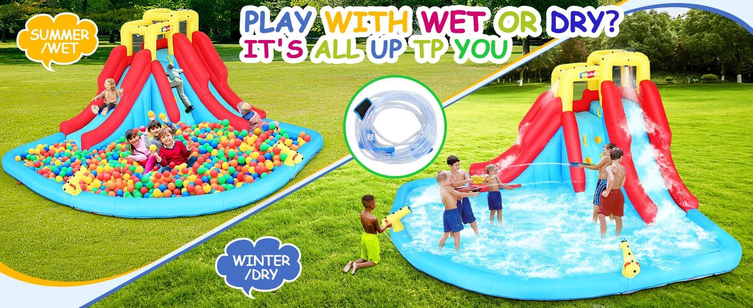 Opblaasbare waterspeeltoestellen voor kinderen 8-in-1: Springkasteel waterpark met 450W blower, klimwand, pierenbadje, 2 waterspuitpistolen, basketbalring, glijbaan, krokodillensproeier �C ideaal als cadeau en voor tuinfeestjes
