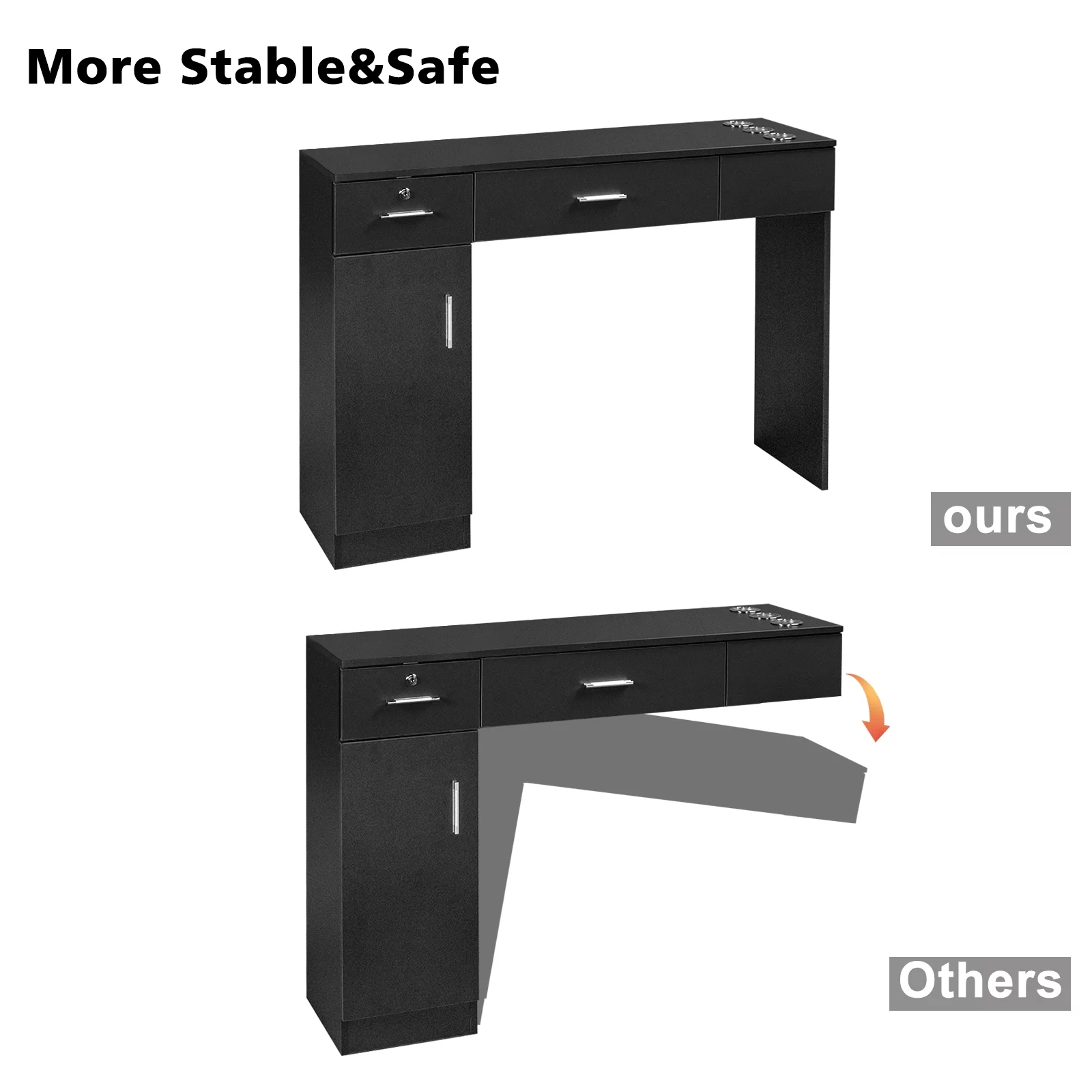 2025 OmySalon Wandkappersstation voor kapsalon en schoonheidsinstituut, met 2 laden, 1 opbergkast, 3 open planken (zwart)