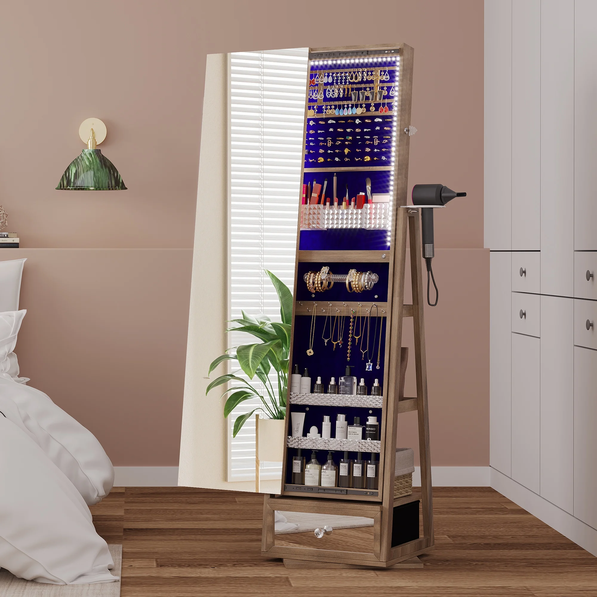 360�� Sieradekast met Spiegel, LED-verlichting en Slot �C Bruine Kleur