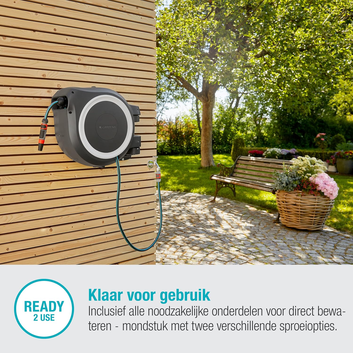Gardena Wall-Mounted Hose Box RollUp M/L (White) 25 m: Flexible Watering for Medium to Large Gardens, Swivelling Hose Box, Includes 25 m Gardena Quality Hose and Mounting Tool (18622-20)