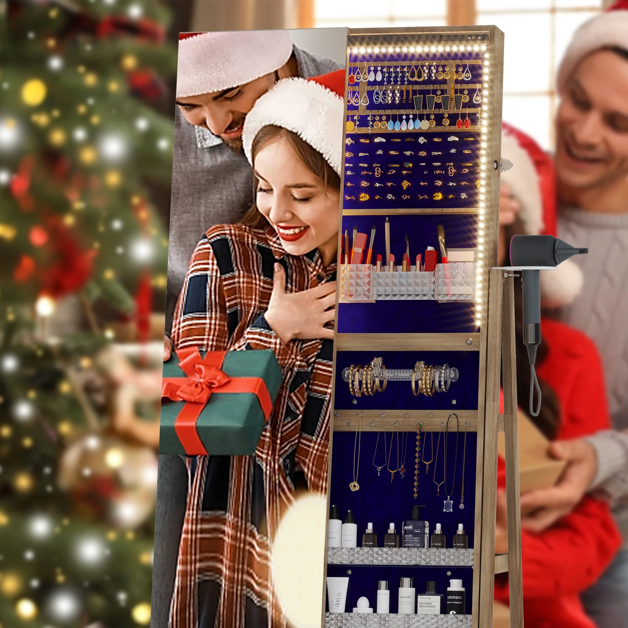 360�� Sieradekast met Spiegel, LED-verlichting en Slot �C Bruine Kleur