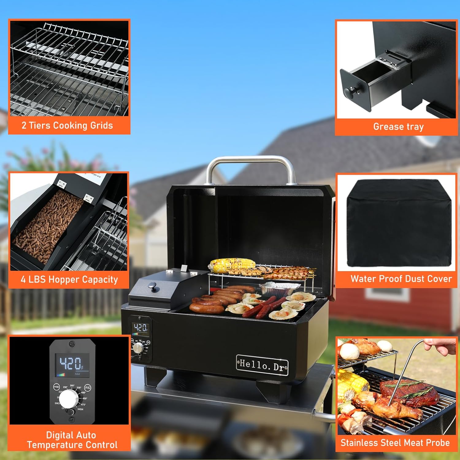 Draagbare houtpelletbarbecue en -roker, 8-in-1 tafelmodel elektrische grill voor campers, picknicks en buitenkoken, met slimme temperatuurregeling en overstoomtechnologie