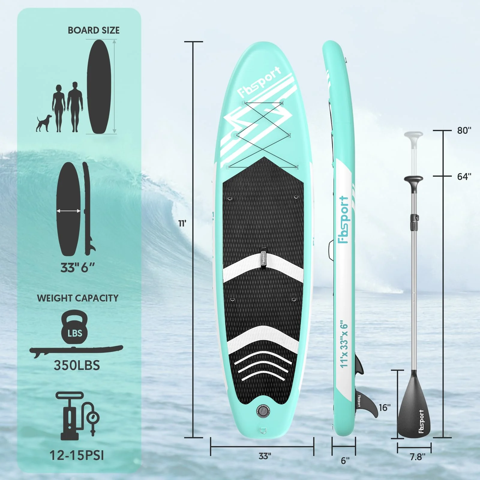 2025 FBSPORT Opblaasbare SUP Paddleboard, 15 cm Dikke Stand Up Paddleboard, Set met Verstelbare Aluminium Peddel en Pomp (Groen)