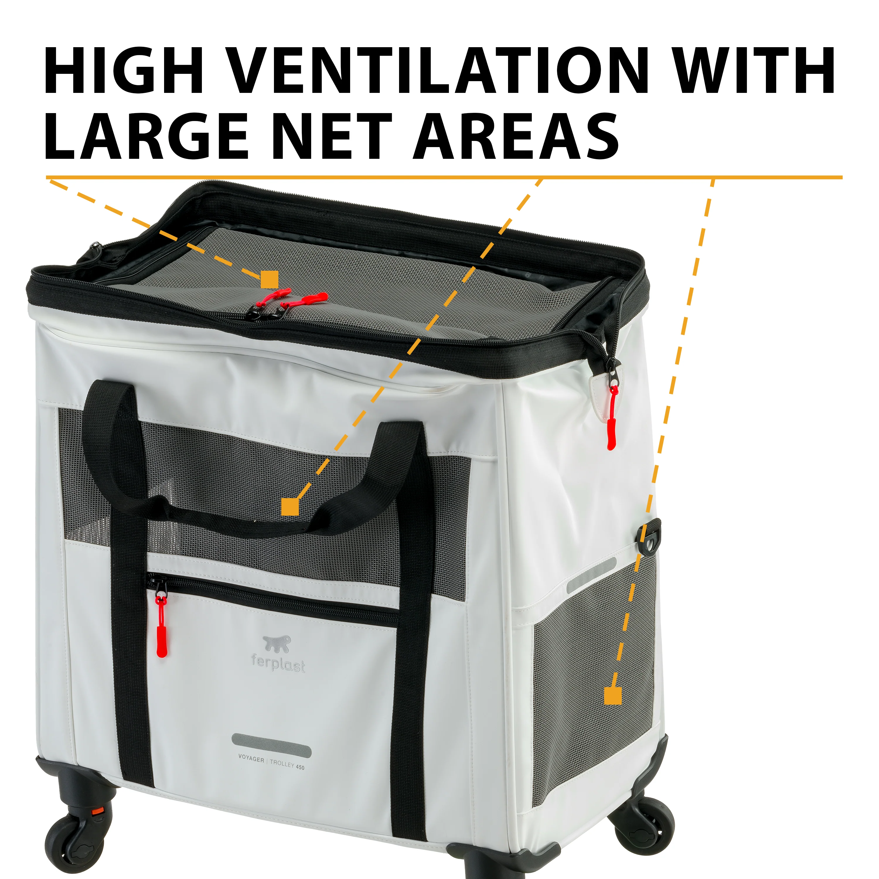 2025 Voyager Trolley van Ferplast �C stijlvolle, lichte trolley van kunstleer voor katten en kleine honden tot 15 kg. Met wieltjes, gaasramen en veiligheidsriem �C perfect voor comfortabel reizen.