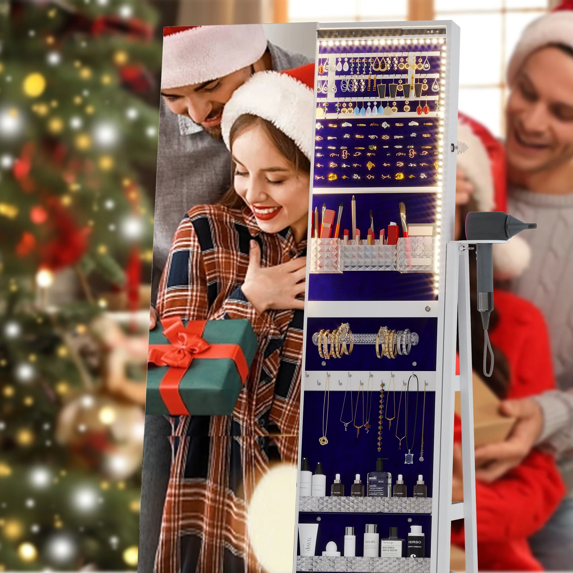 LVSOMT 360�� Draaibare Sieradendoos met Verlichting, Staande Sieradenorganizer met Slot, Spiegel over de Hele Lengte en Sieradenopbergkast, Wit