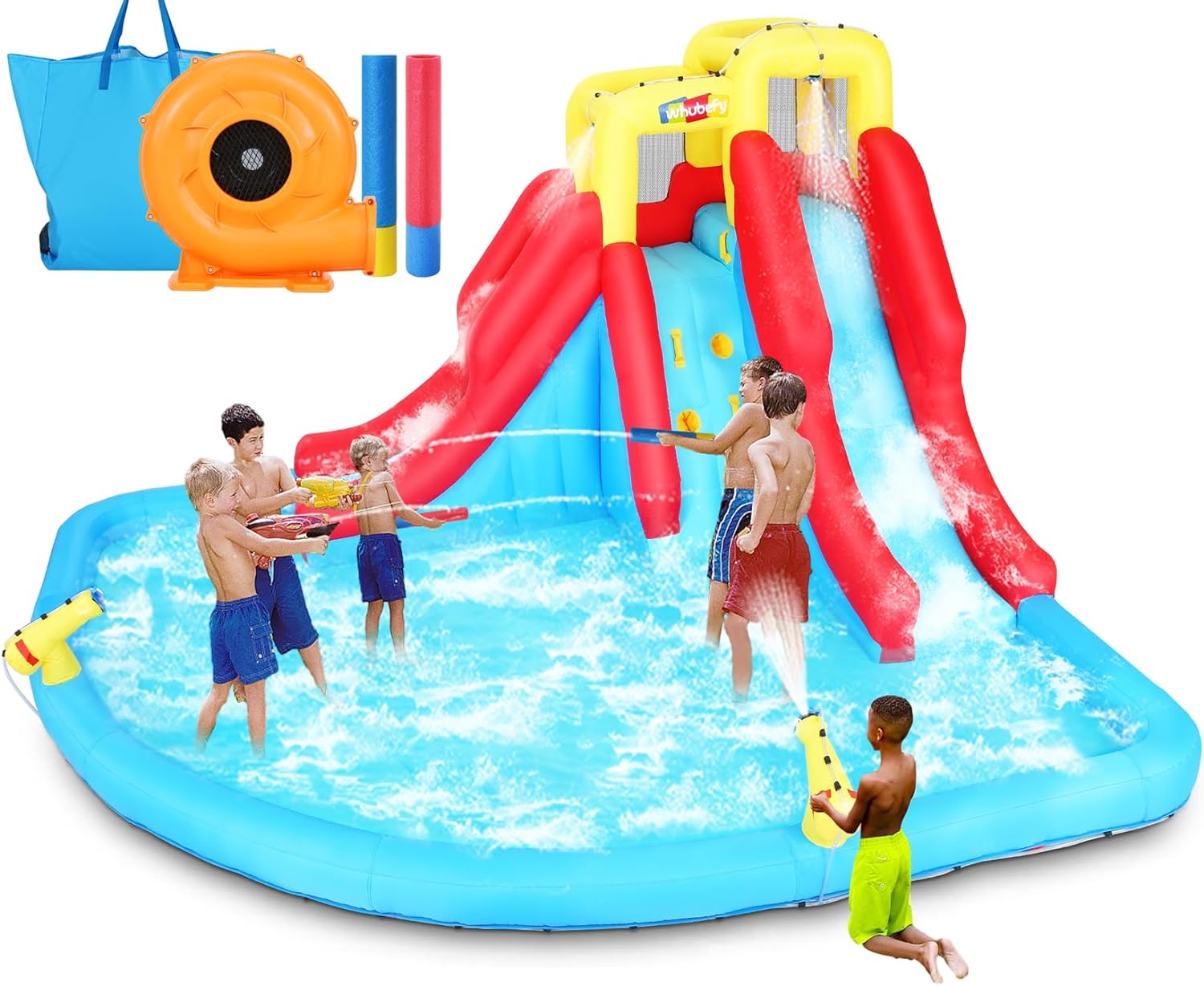 Opblaasbare waterspeeltoestellen voor kinderen 8-in-1: Springkasteel waterpark met 450W blower, klimwand, pierenbadje, 2 waterspuitpistolen, basketbalring, glijbaan, krokodillensproeier �C ideaal als cadeau en voor tuinfeestjes