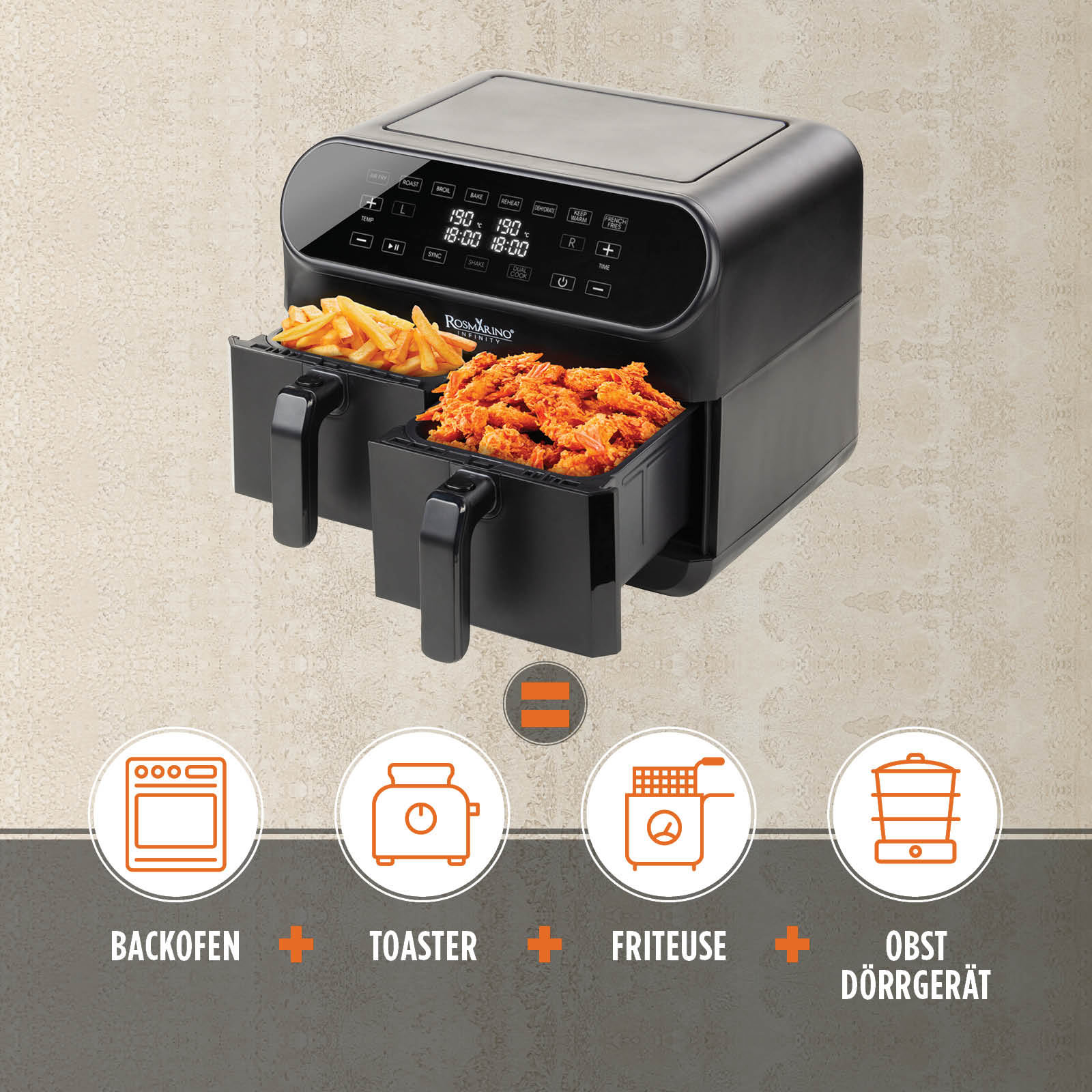 2025 Infinity PRO XXL Airfryer met dubbele manden, 1700 W, 8 L