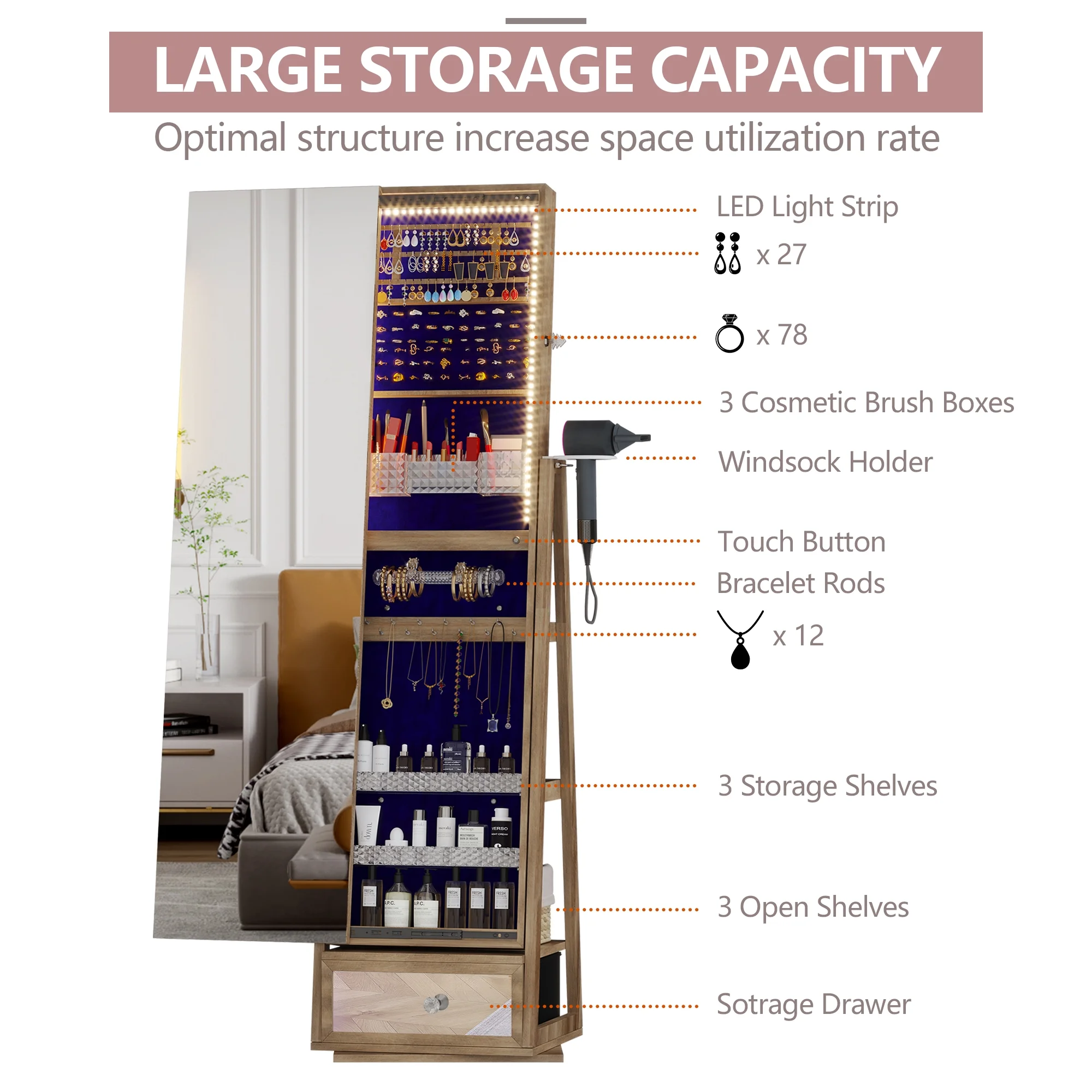 360�� Sieradekast met Spiegel, LED-verlichting en Slot �C Bruine Kleur