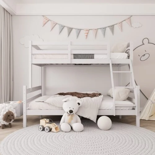 Massief Houten Stapelbed voor Kinderen Twin Over Full �C Grijs en Wit Afwerking | Ruimtebesparend Ontwerp