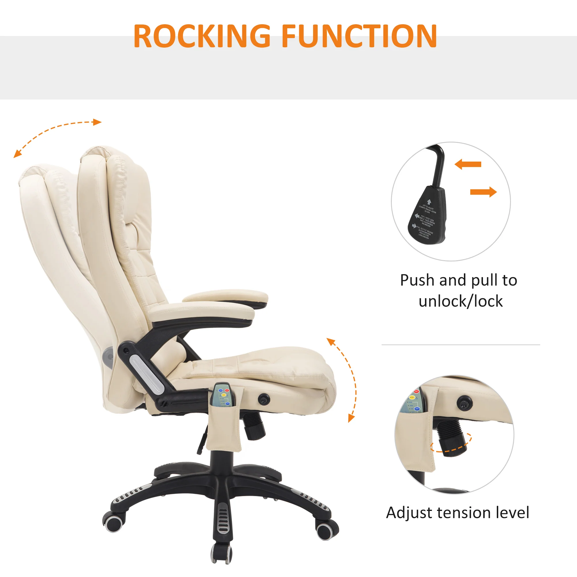 Executive bureaustoel met massage en verwarming, hoge rug PU-lederen bureaustoel, beige