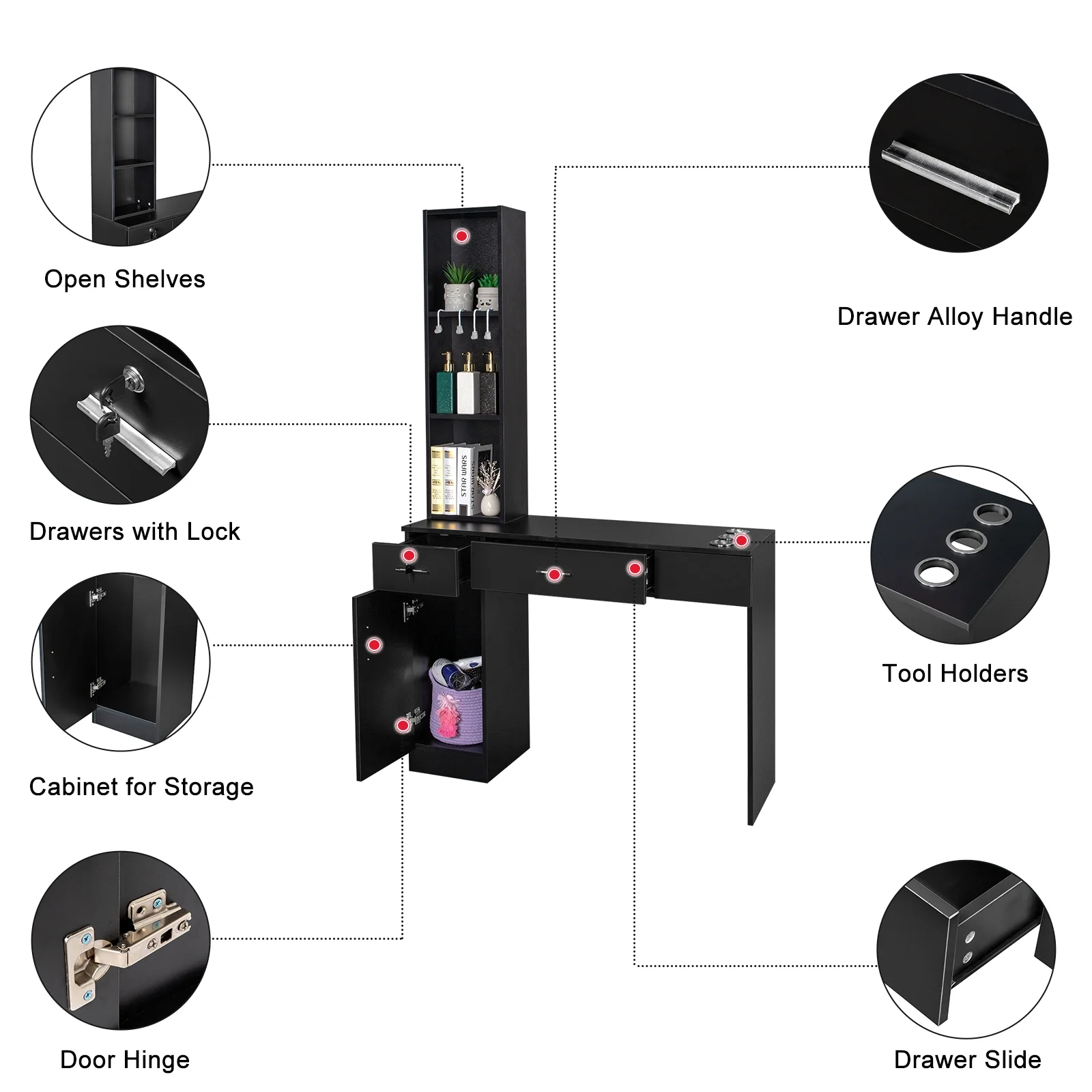2025 OmySalon Wandkappersstation voor kapsalon en schoonheidsinstituut, met 2 laden, 1 opbergkast, 3 open planken (zwart)