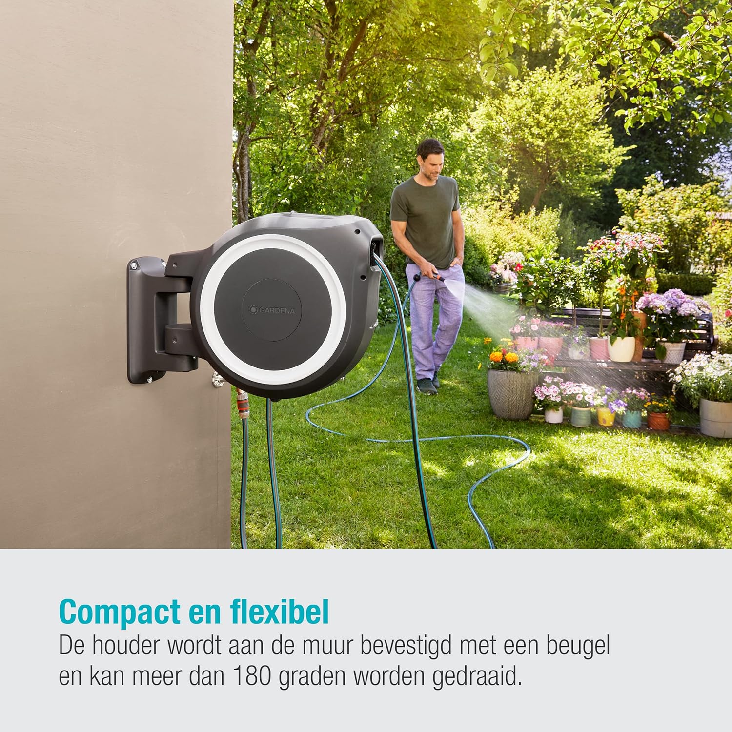 Gardena Wall-Mounted Hose Box RollUp M/L (White) 25 m: Flexible Watering for Medium to Large Gardens, Swivelling Hose Box, Includes 25 m Gardena Quality Hose and Mounting Tool (18622-20)