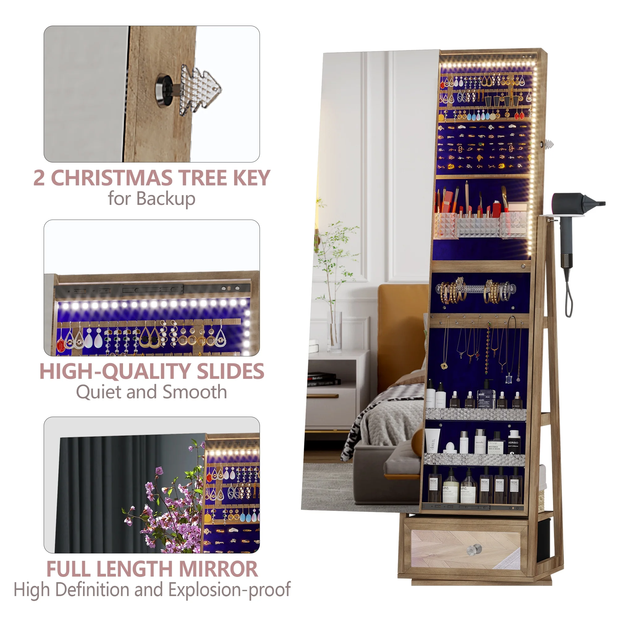 360�� Sieradekast met Spiegel, LED-verlichting en Slot �C Bruine Kleur