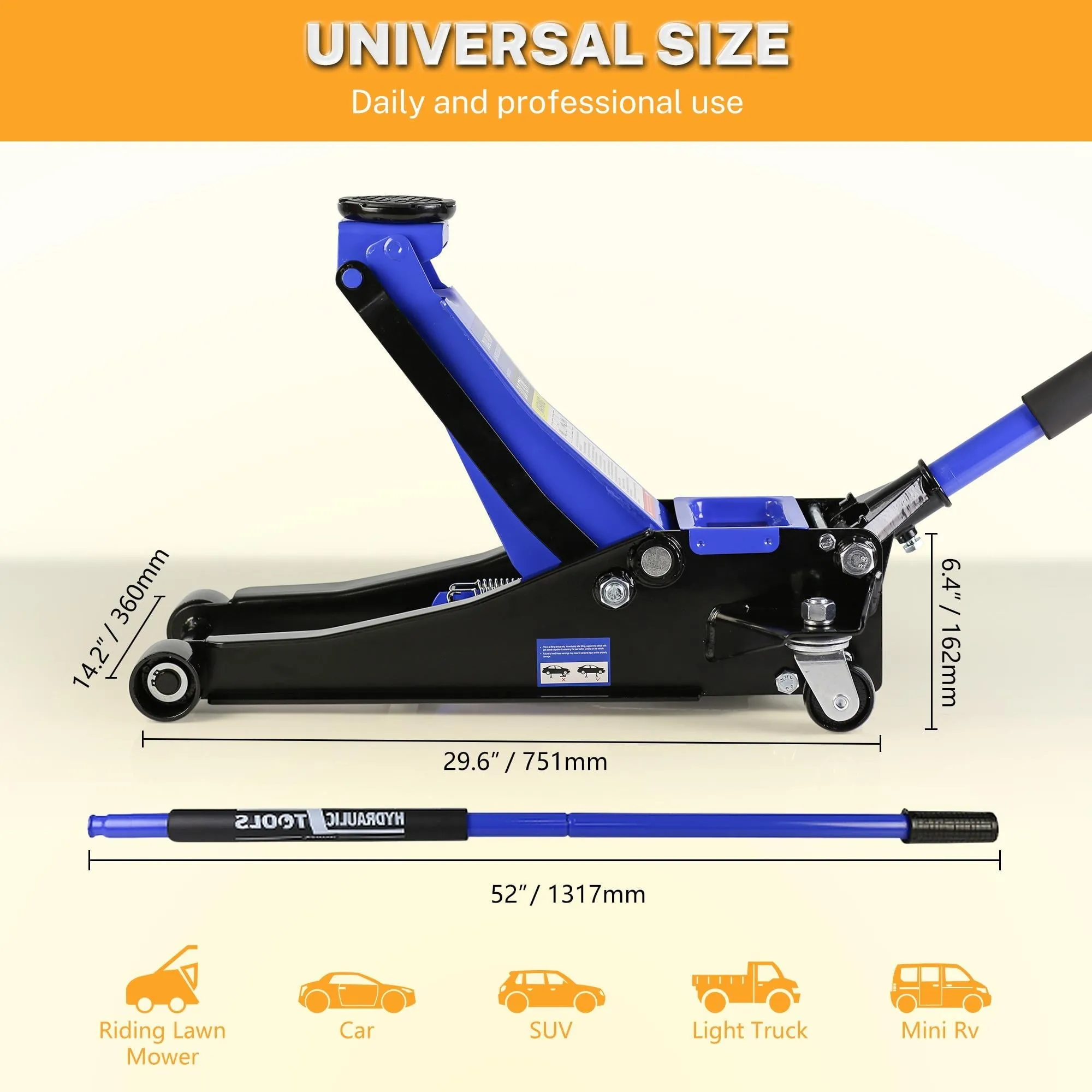 4-Tons hydraulische lage krik, robuuste lage autokrik met dubbele zuigerpomp, hefbereik van 10 tot 53 cm (4
